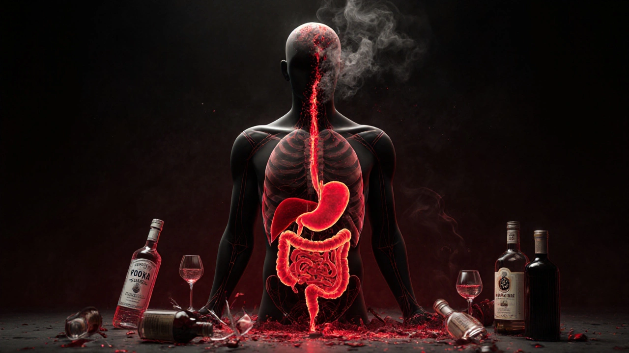 Průhledný člověk s proudem ethanolu ničícím vnitřní orgány