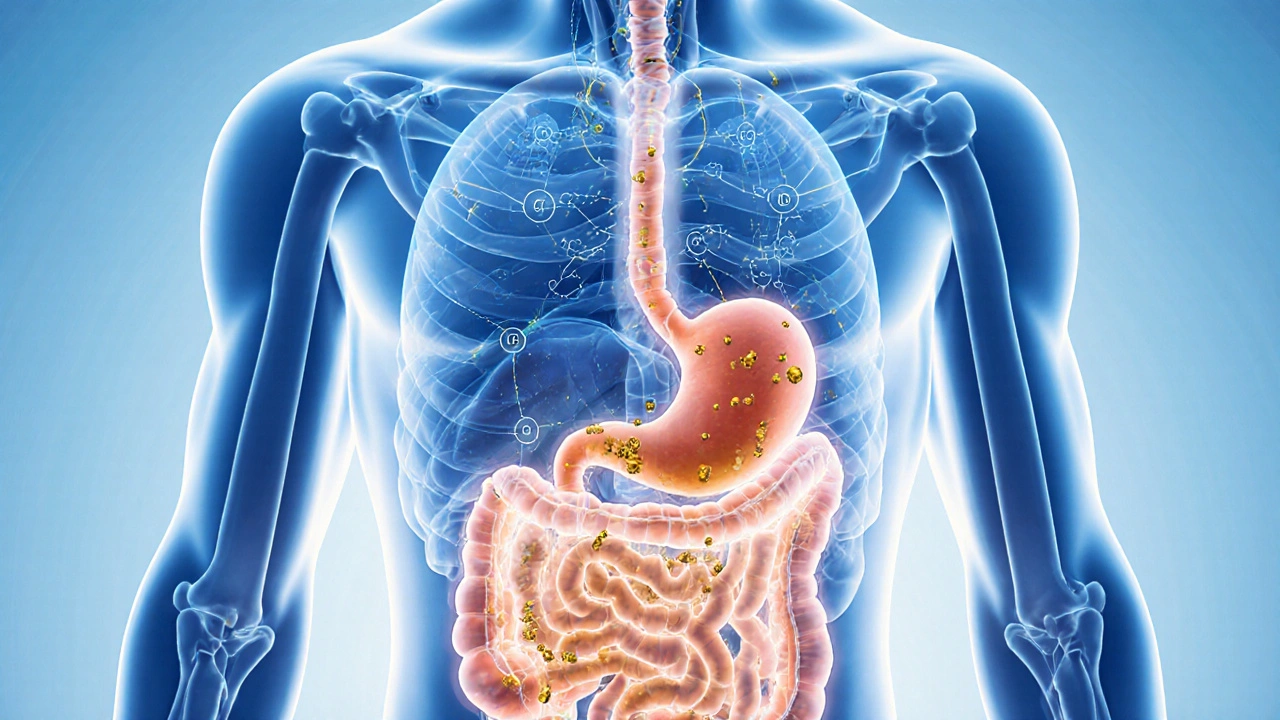 Průhledný lidský tělo s cestou CBD skrz trávicí systém a játro.