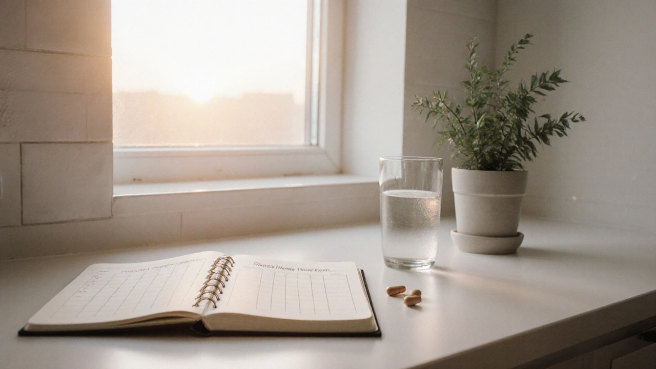 Ranní kuchyňský stolek s prázdnými kapslemi, zápisníkem a rostlinou při východu slunce.