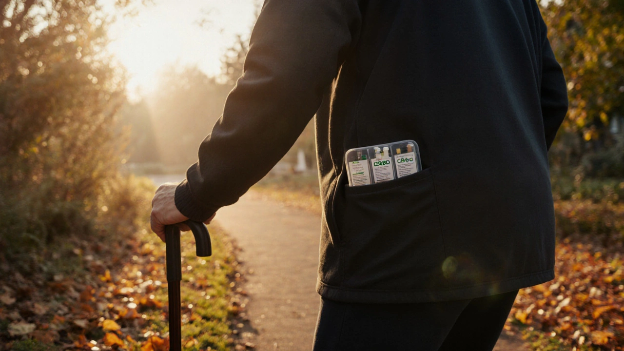 Starší muž prochází zahradou večer s CBD kapslemi v kapsě.