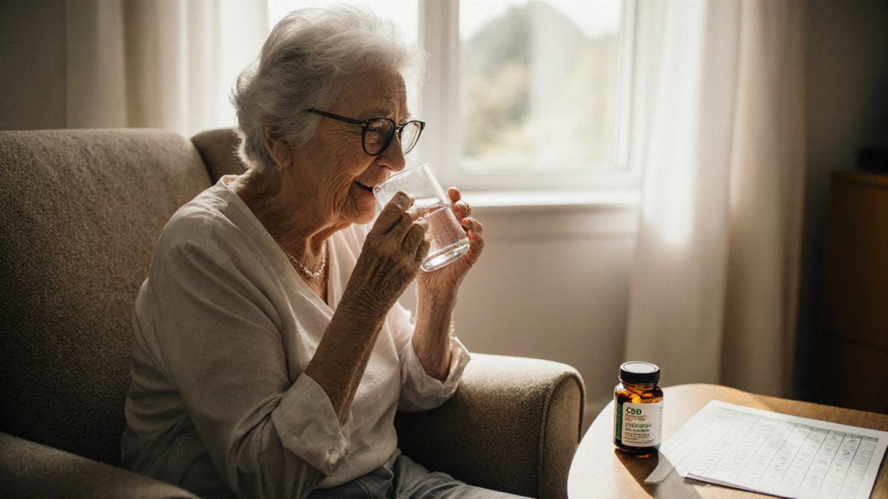 Starší žena při polykání kapsle CBD v pohodlné křesle.