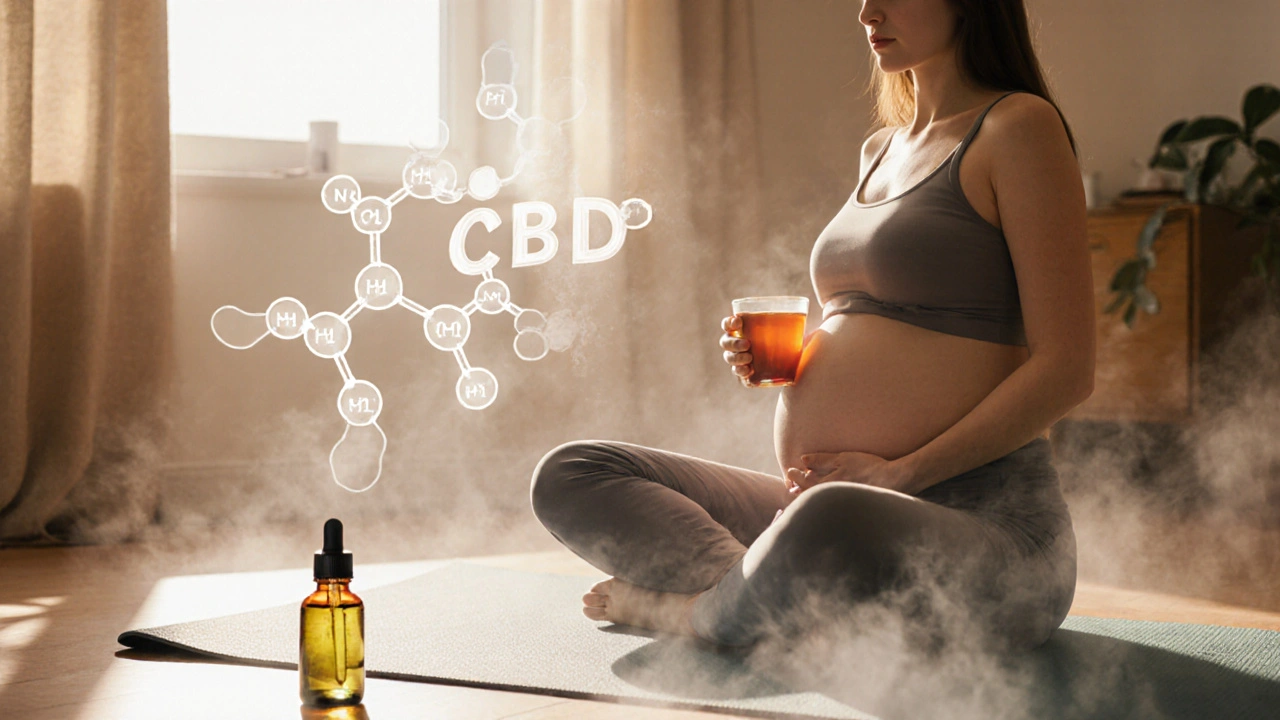 Těhotná žena sedí v klidu, CBD olej je odstraněný z jejího prostředí.