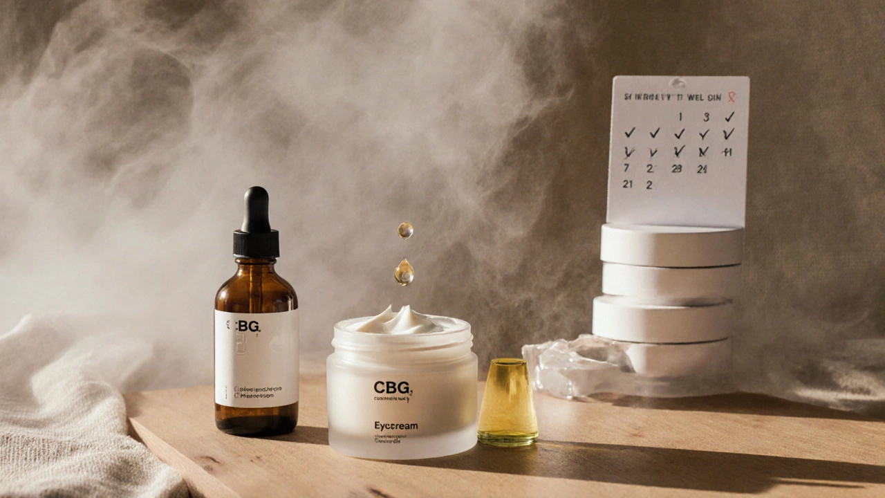 Tři kvalitní kosmetické produkty s CBG na dřevěném povrchu, zatímco jiné neoznačené produktů mizí v mlze.