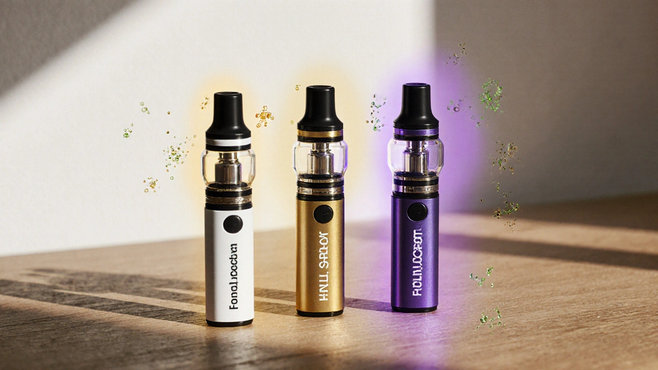 Tři typy CBD kartridžů s jemnými barvivými haloi, symbolizujícími různé složení.