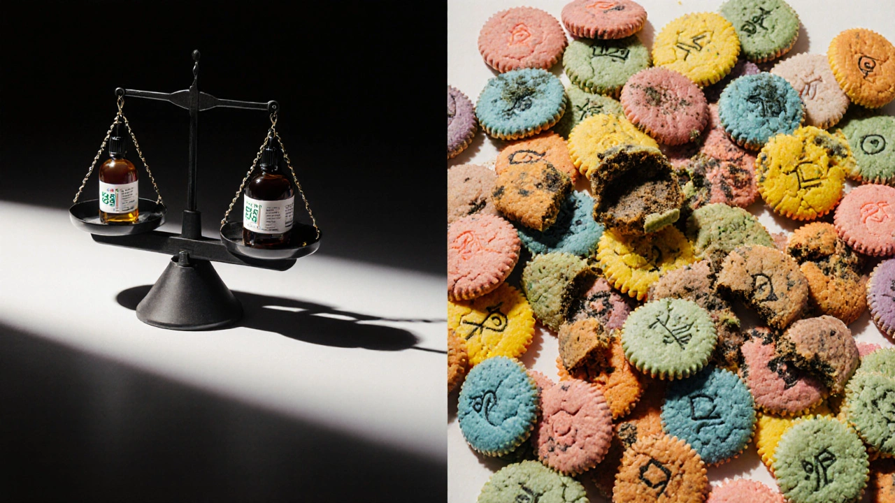 Váha s CBD olejem po jedné straně a hromadou sušenek po druhé — symbolický kontrast přesnosti a nejistoty.