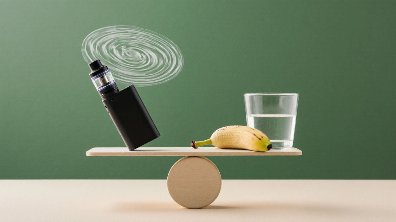 Váha s vapingovým zařízením a sklenicí vody s banánem, symbolizující rovnováhu mezi užíváním a tělem.