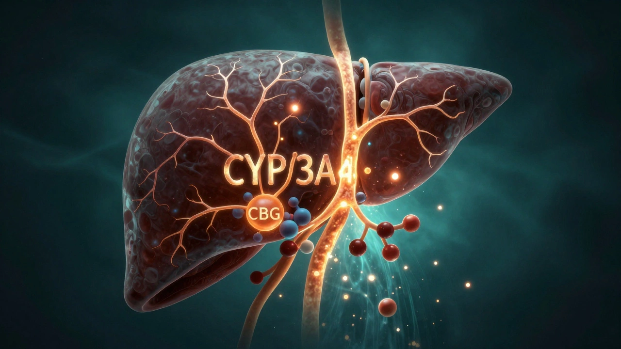 Abstraktní obrázek jater s blokovanými enzymy a hromadícími se léky.