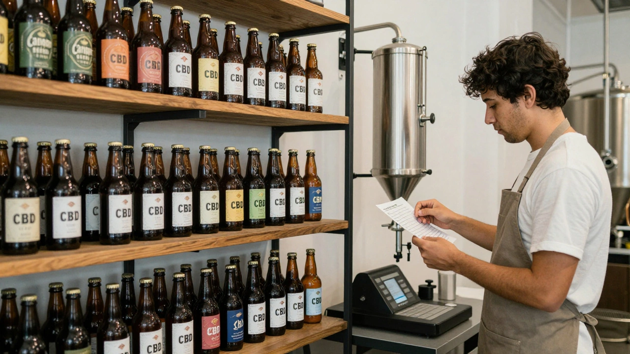 Craft brewery in Tijuana bottling CBD beer with clear labeling for legal compliance.