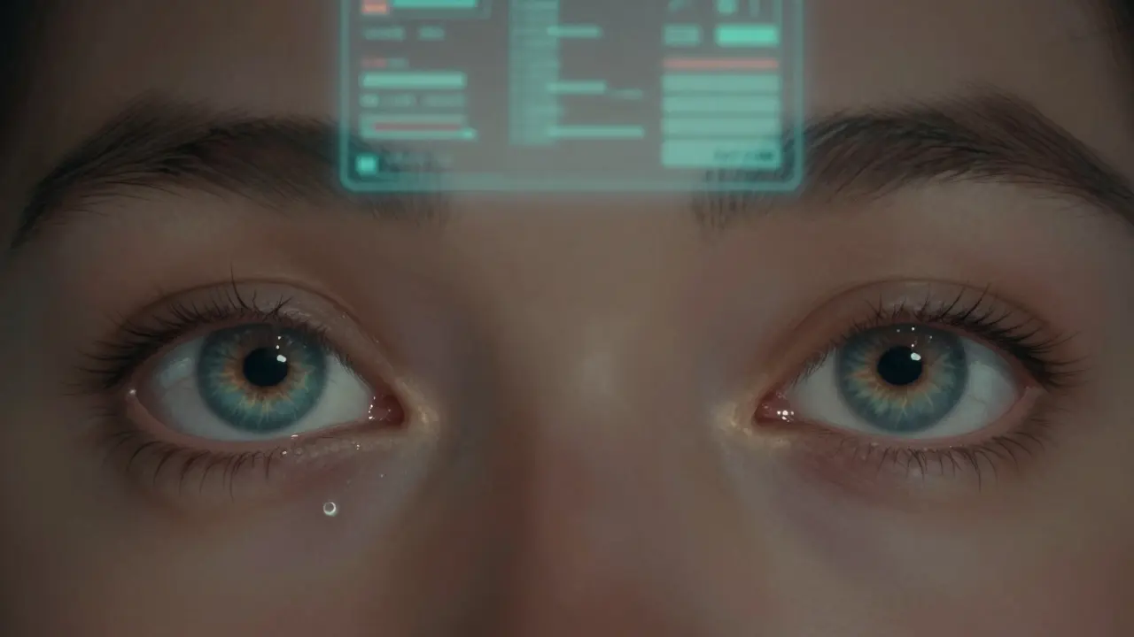 Detail očí s viditelnými rozšířenými cévami a příznaky suchosti při slabém osvětlení.