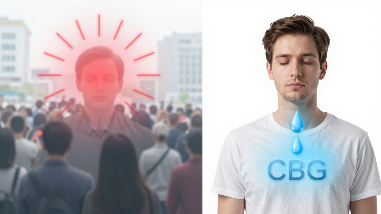 Dvě strany jedné osoby: jedna stresovaná, druhá klidná s CBG molekulami.