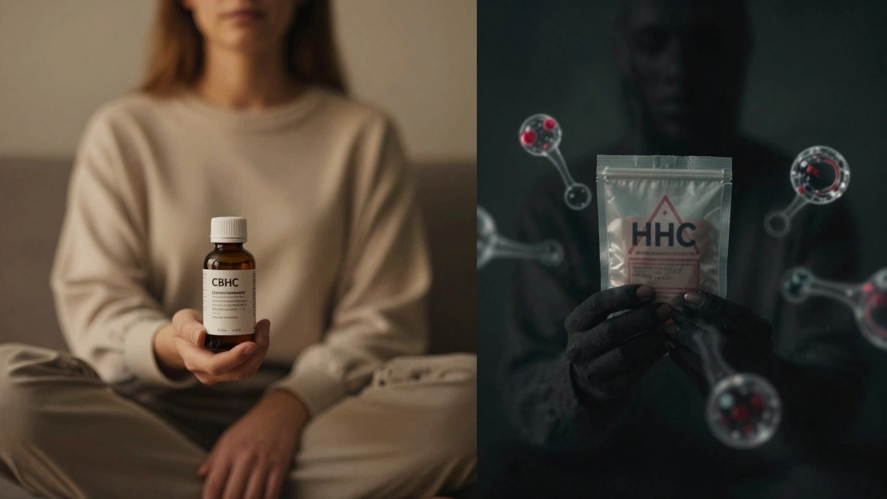 Dvě strany: klidný uživatel CBD a nebezpečný obraz HHC s varovnými symboly