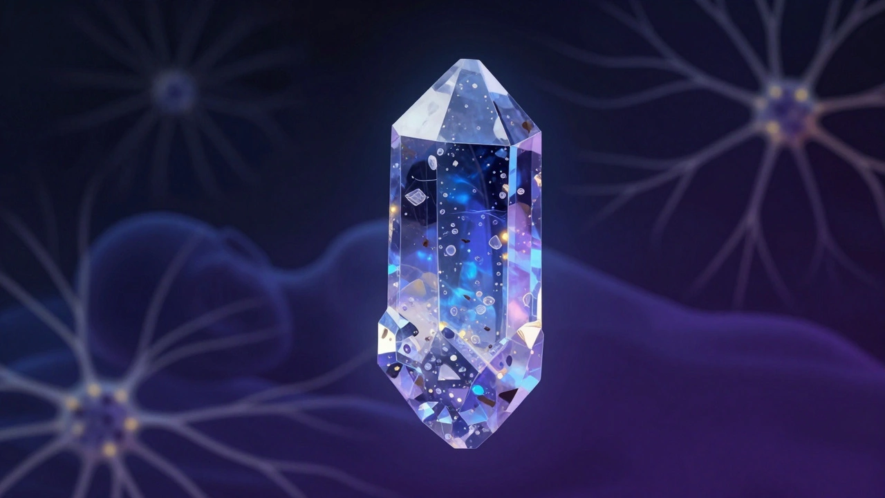 Izolovaný CBN krystal s neviditelnými nervovými cestami k posteli.
