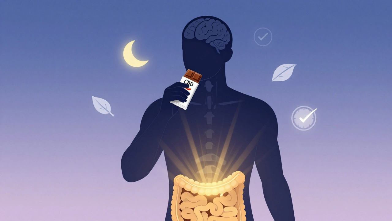 Klíčové účinky CBD na tělo: uvolnění mozku, klid svalů a podpora spánku v symbolické podobě.