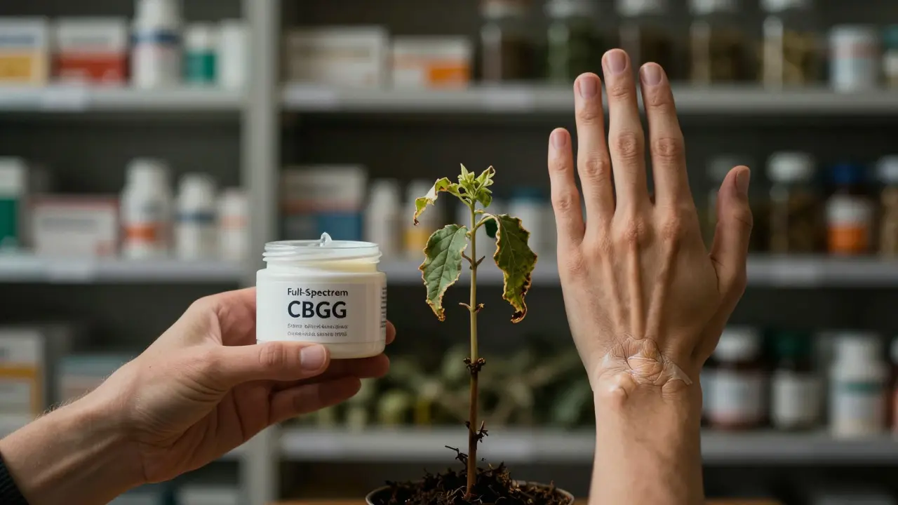 Krabice CBG krému vedle porovnání poškozeného a zdravého kloubu.