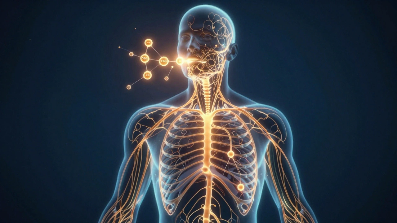 Lidský silueta s světelnými nervovými cestami aktivovanými CBG molekulami