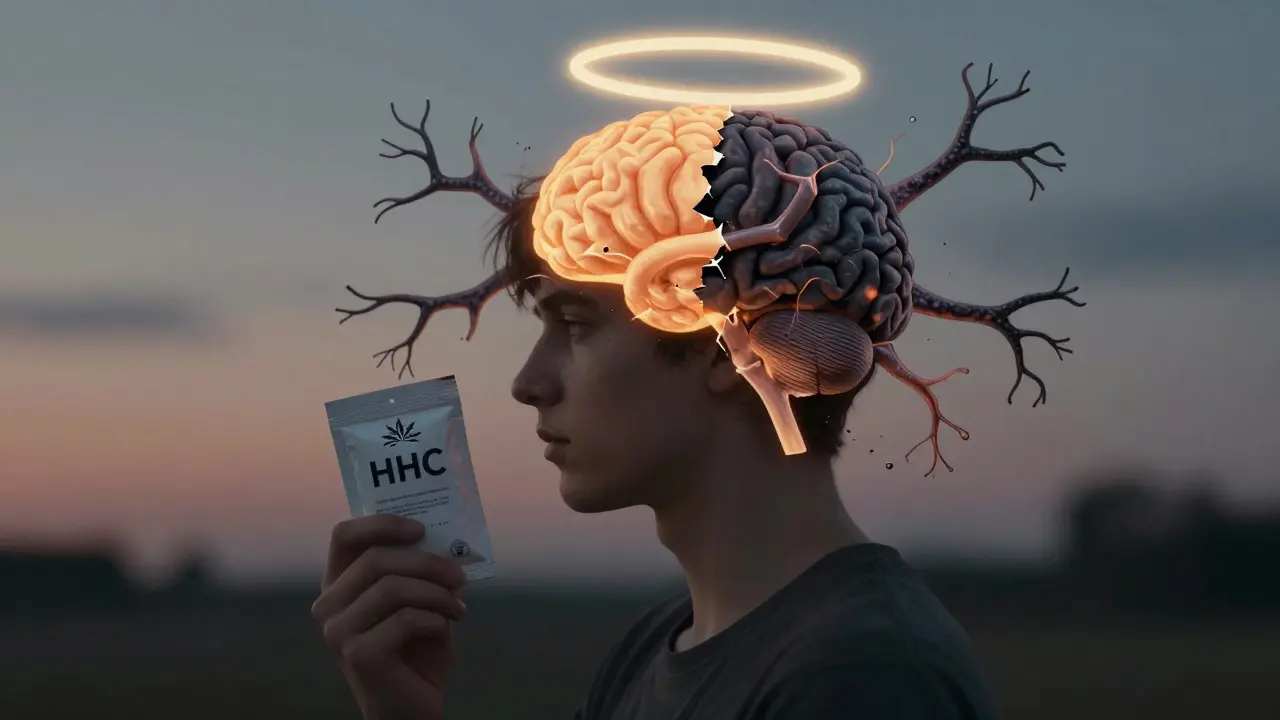 Mladý člověk s ovlivněným mozkem, kde syntetická látka HHC poškozuje nervové spojení.