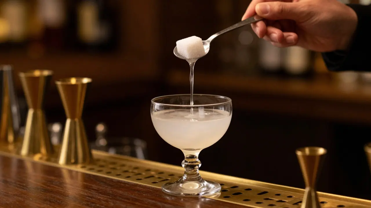 Moderní český bar s tradičním rituálem přípravy absinthu a kapející vodou.