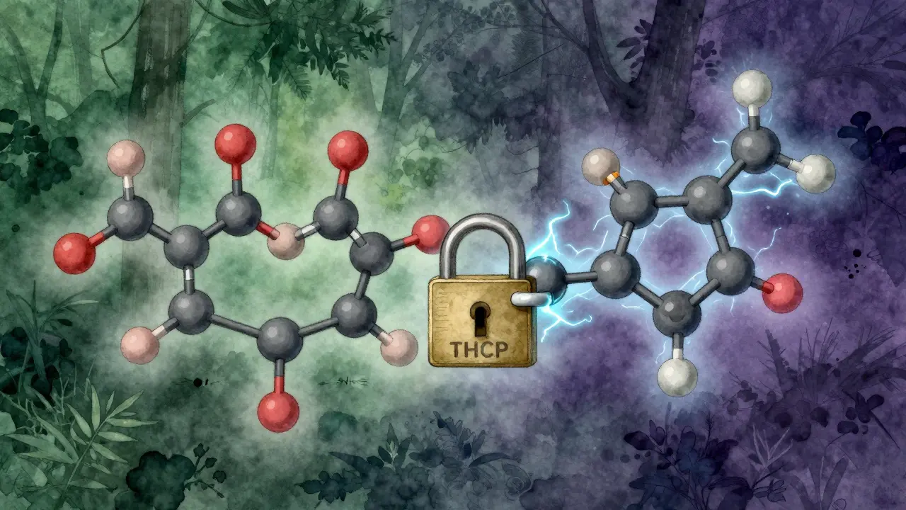 Molekulární srovnání delta-9 a THCP: pětice a sedmice řetězců zapadajících do receptoru, s elektrickou energií.
