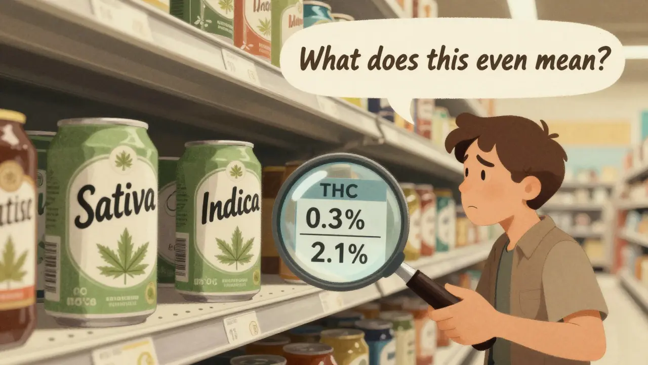 Muž v obchodě hledí na etikety konopného piva, zatímco lupou vidí skutečný obsah THC a CBD.