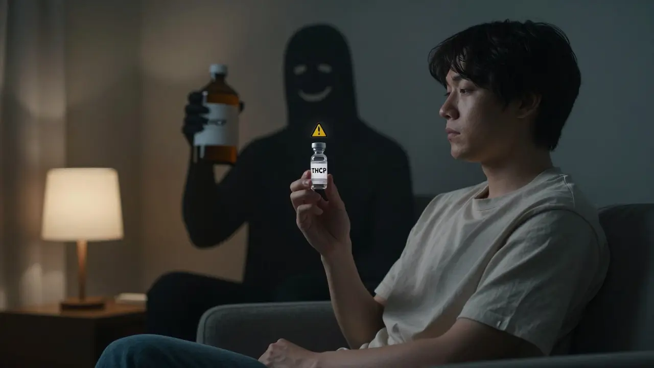 Osoba drží vial THCP, za ní stín jejího dřívějšího já s delta-9, v klidném, polotmavém prostředí.