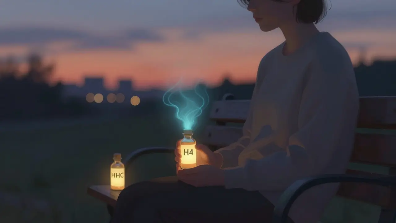 Osoba na lavičce v soumraku s lahvičkami H4 a HHC vydávajícími jemné světlo
