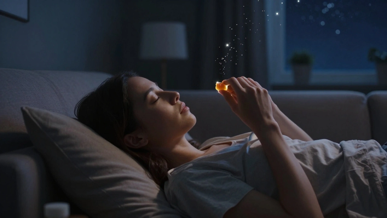 Osoba v klidu v noci s CBD žvýkačkou, kolem ní jemné světelné částice připomínající uklidnění a spánek.