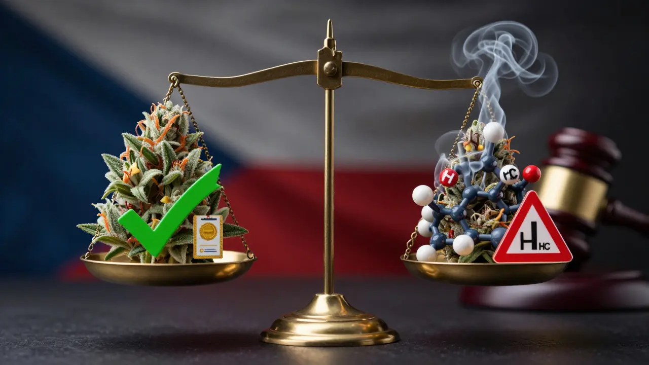 Právní váha s čistým CBD na jedné straně a nejasnými H4/HHC molekulami na druhé