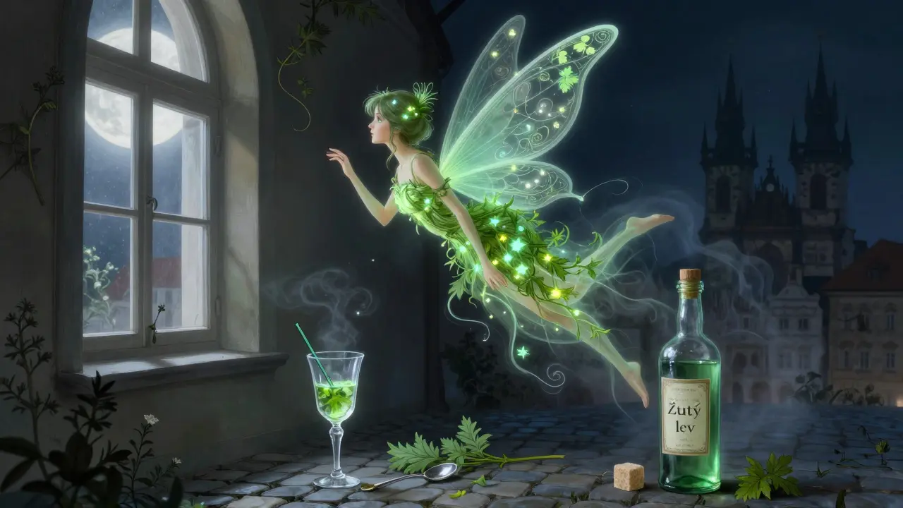 Přízraková zelená panna z bylin se vznáší nad tradičním absinthovým servisem v českém stylu, plná mystiky a světla.