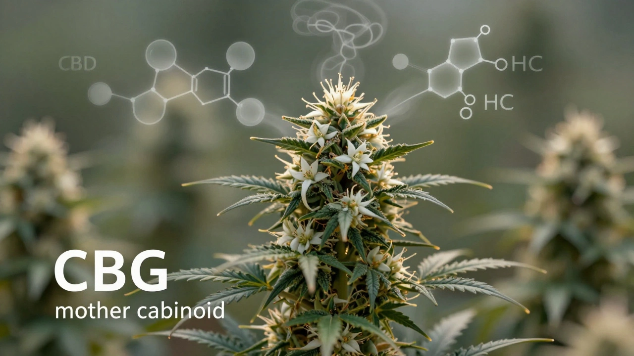 Raná fáze konopí s zlatým zářením a molekulami CBG ve vzduchu.