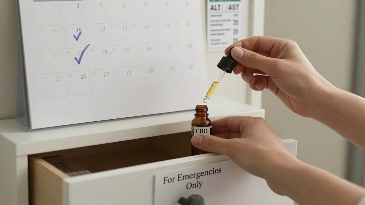 Ruka klade vepařovač do šuplíku, druhá užívá CBD olej pod jazyk, na zdi kalendář s označenými dny.