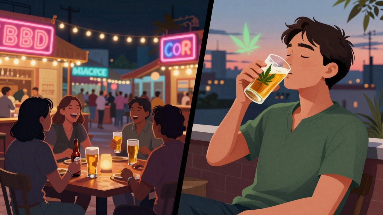 Split scene: traditional beer party vs. quiet CBD beer moment at dusk.
