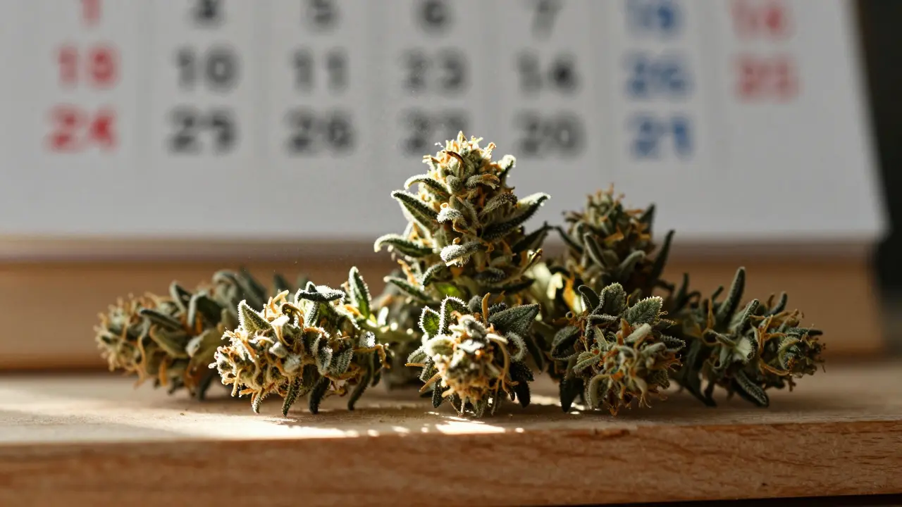 Staré konopné květy na dřevěné polici, světlo osvětluje krystaly a jemnou mlhu vznikající rozkladem.