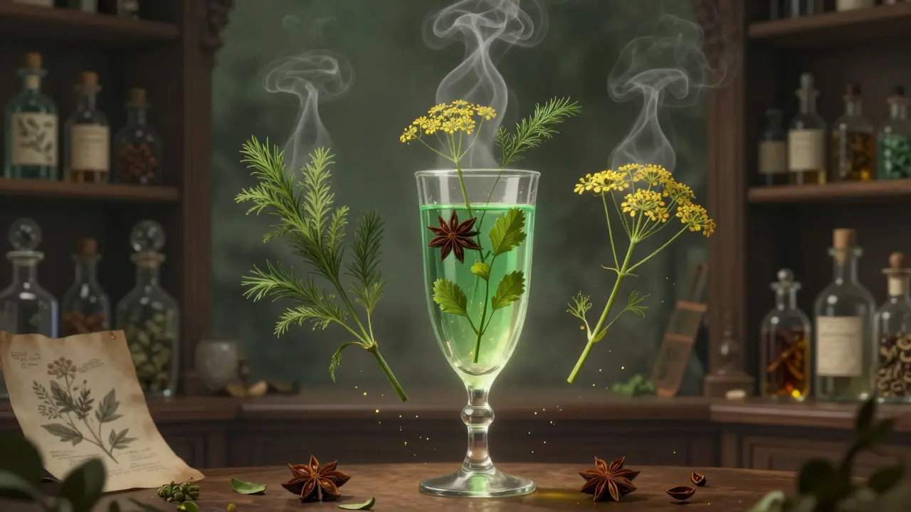 Tři byliny – česnečka, anýž a mák – plují nad sklenicí absinthu v etérickém prostředí.