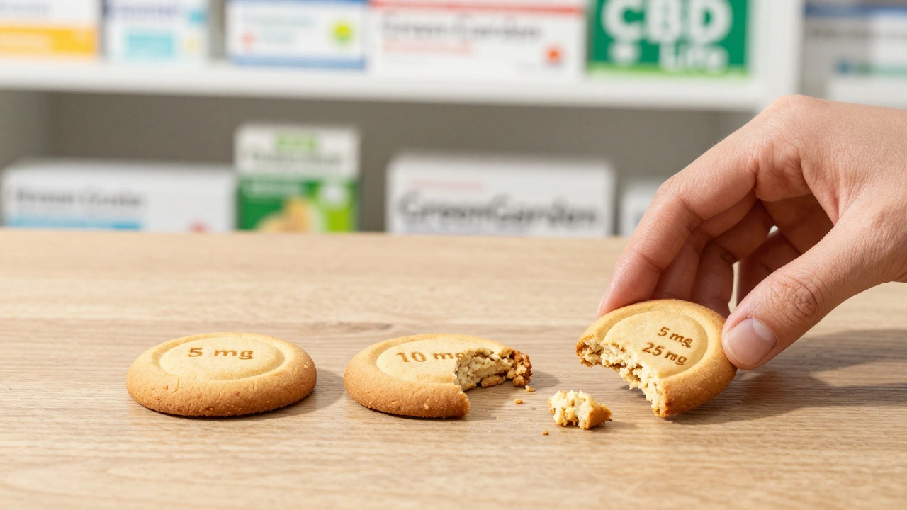 Tři CBD sušenky s různými dávkami na dřevěném povrchu vedle známých českých značek.