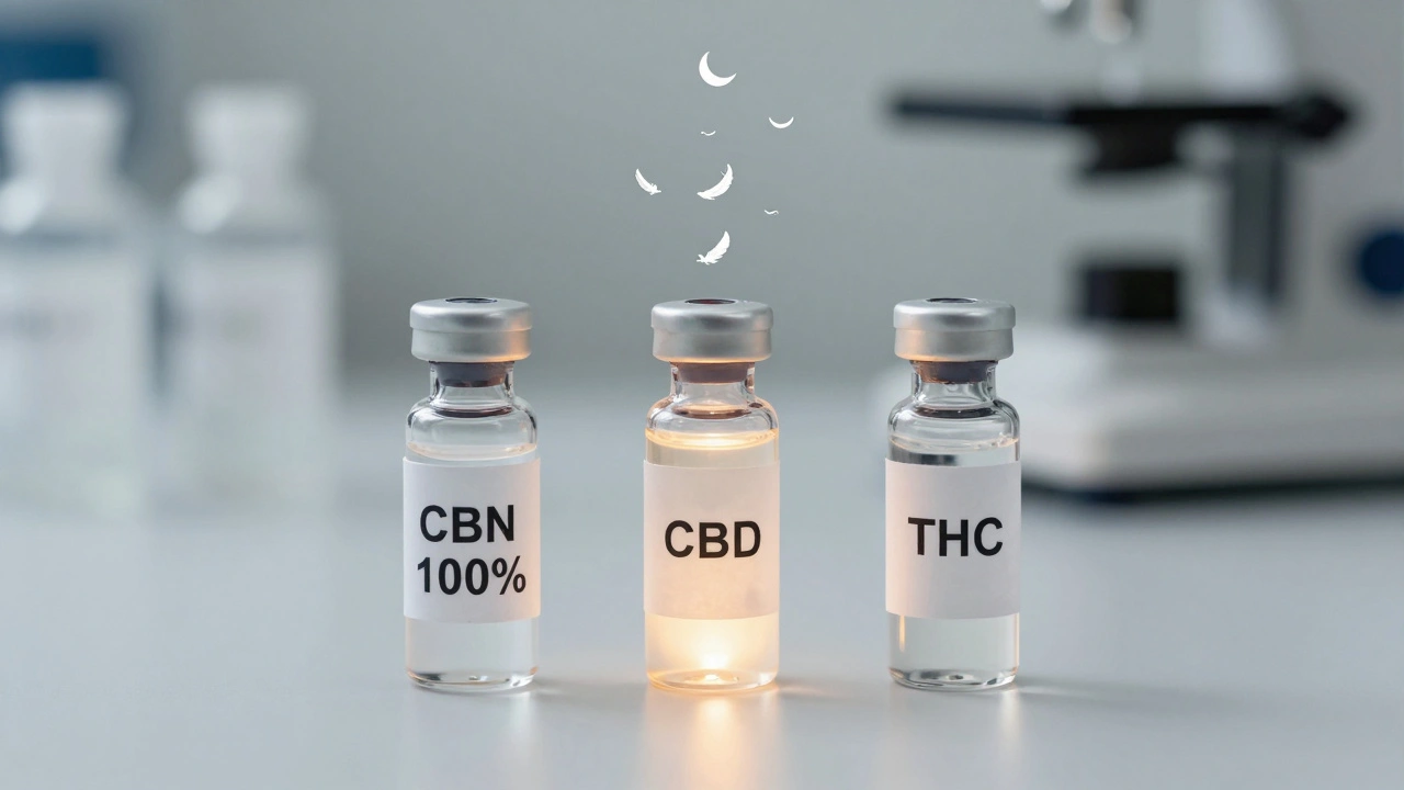 Tři lahvičky s kanabinoidy, jen CBN vyzařuje světlo a spánek.