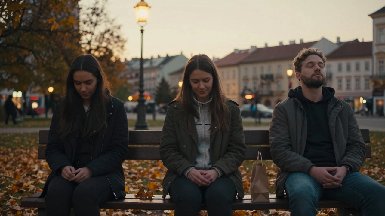 Tři lidé klidně sedí na lavičce v parku ve večerním světle, bez zařízení.