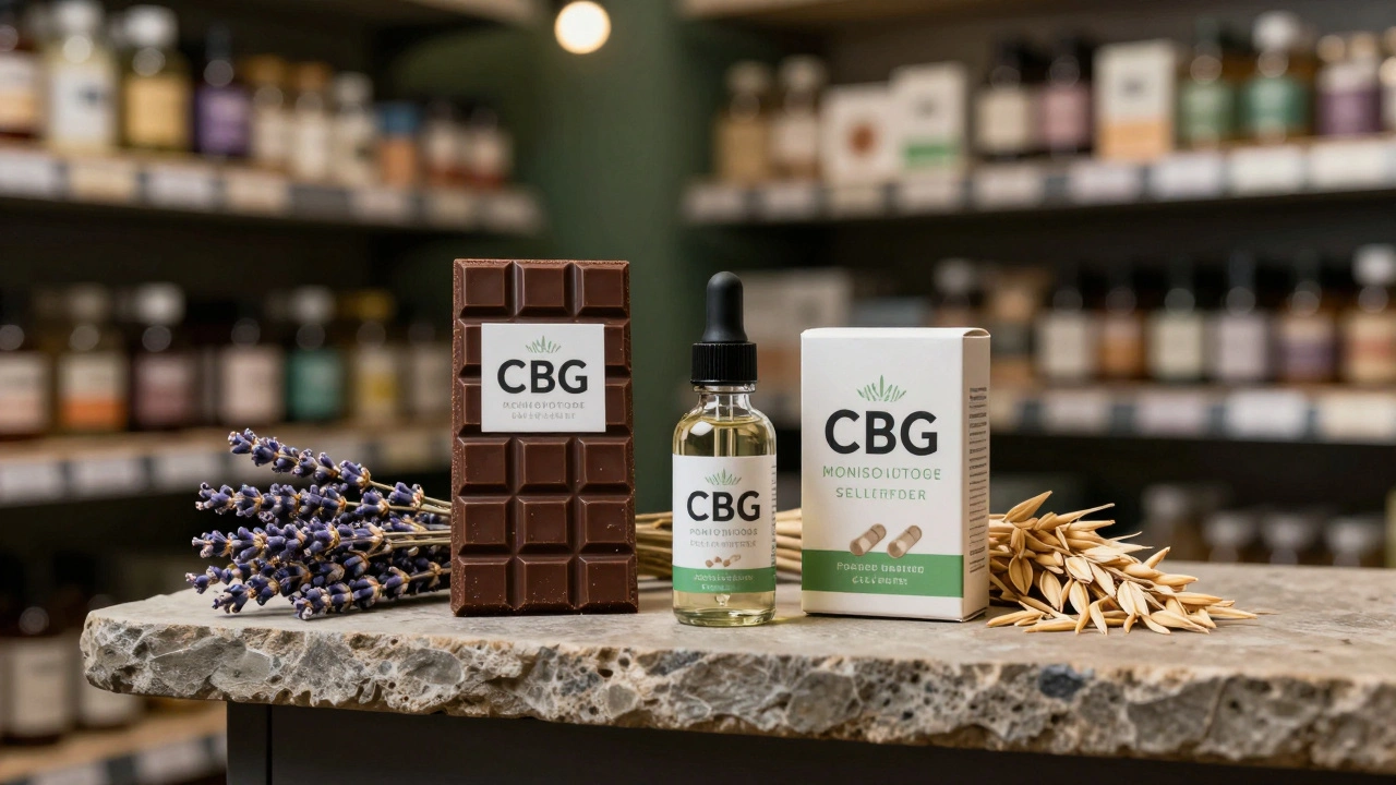 Tři premium CBG produkty s bylinkami na přírodním regálu