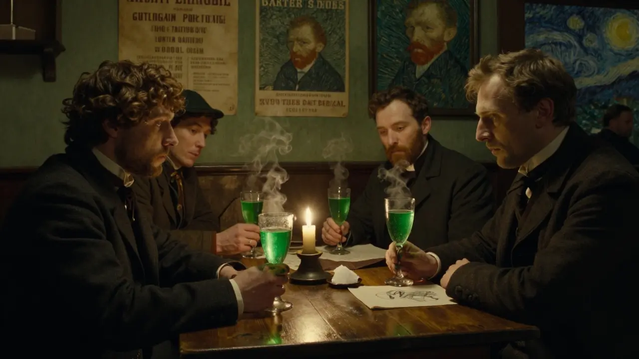 Umělci v pražské hospodě v 19. století pijií absinth v klidu, osvětlení svíčkami, s náznaky kreativního nadšení.