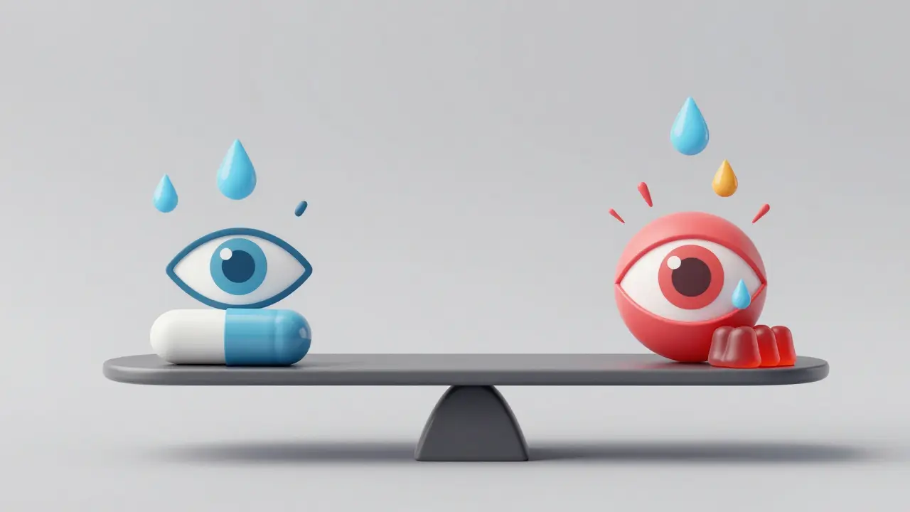 Váha s HHC a THC ukazující rozdílné účinky na oči – klidné vs. červené a slzné.