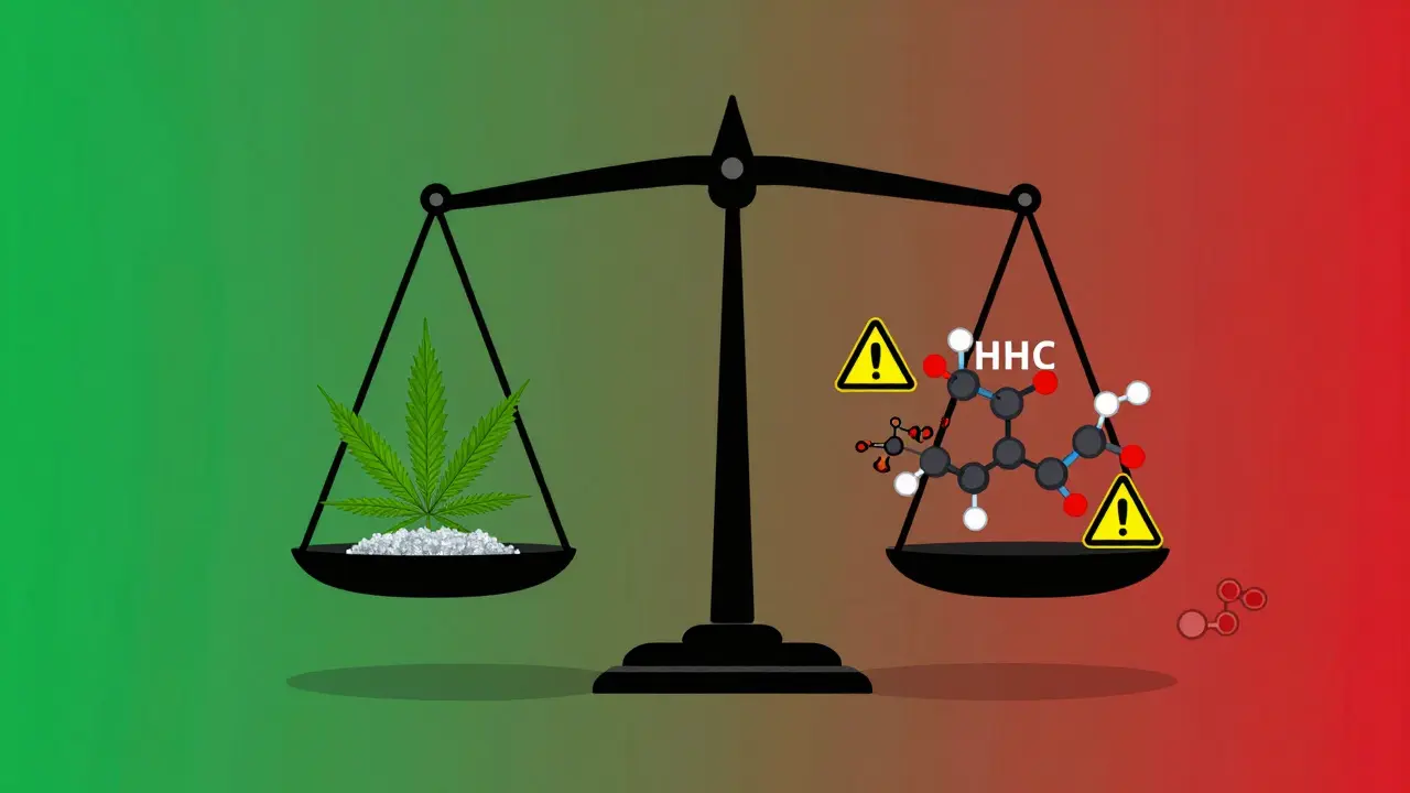 Váha s přírodními konopnými látkami na jedné straně a syntetickým HHC na druhé.
