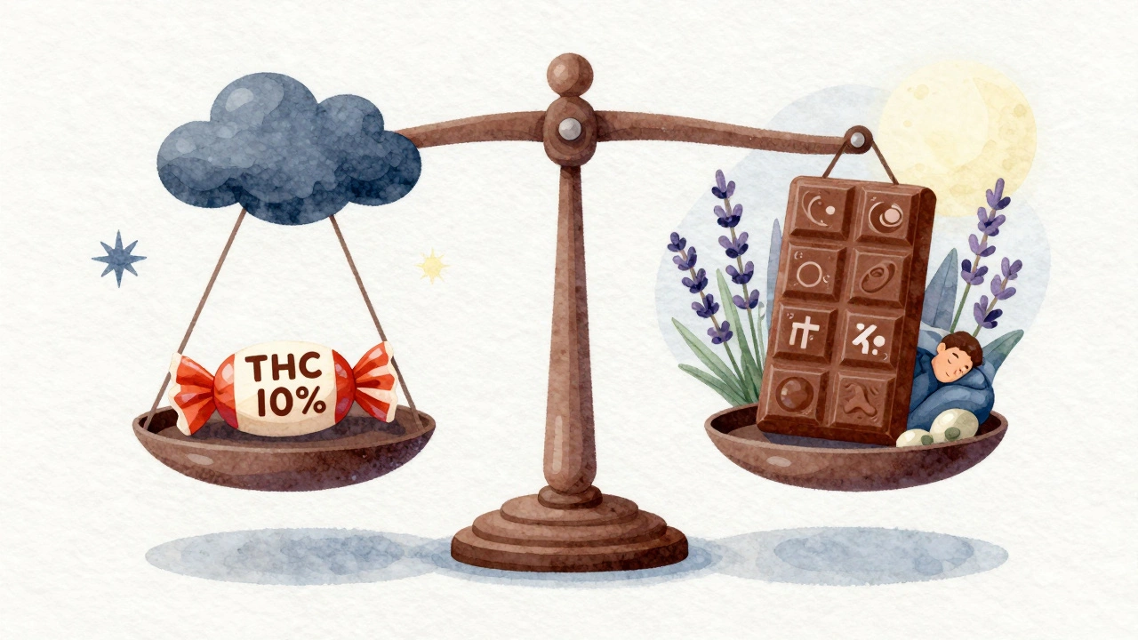 Váha srovnávající nezdravou konopnou svačinu s vysokým THC a zdravou CBD čokoládu s přírodními látkami.
