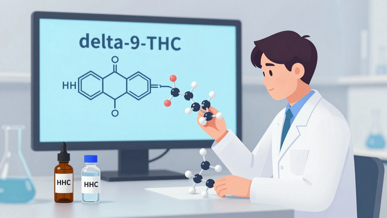 Vědec zkoumá molekulární model HHC v laboratoři s chemickou strukturou.