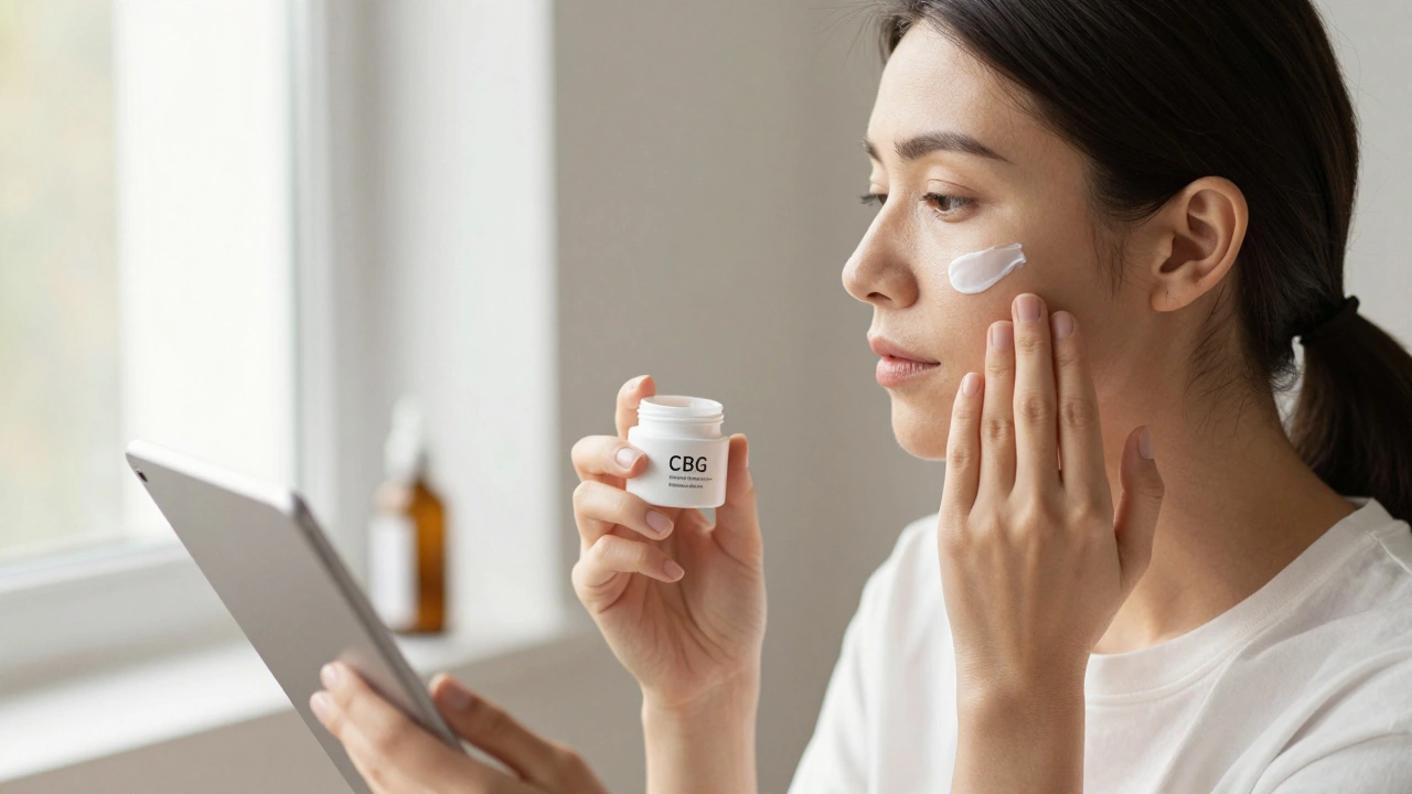 Žena aplikuje CBG krém na obličej, drží v ruce tablety proti depresi.