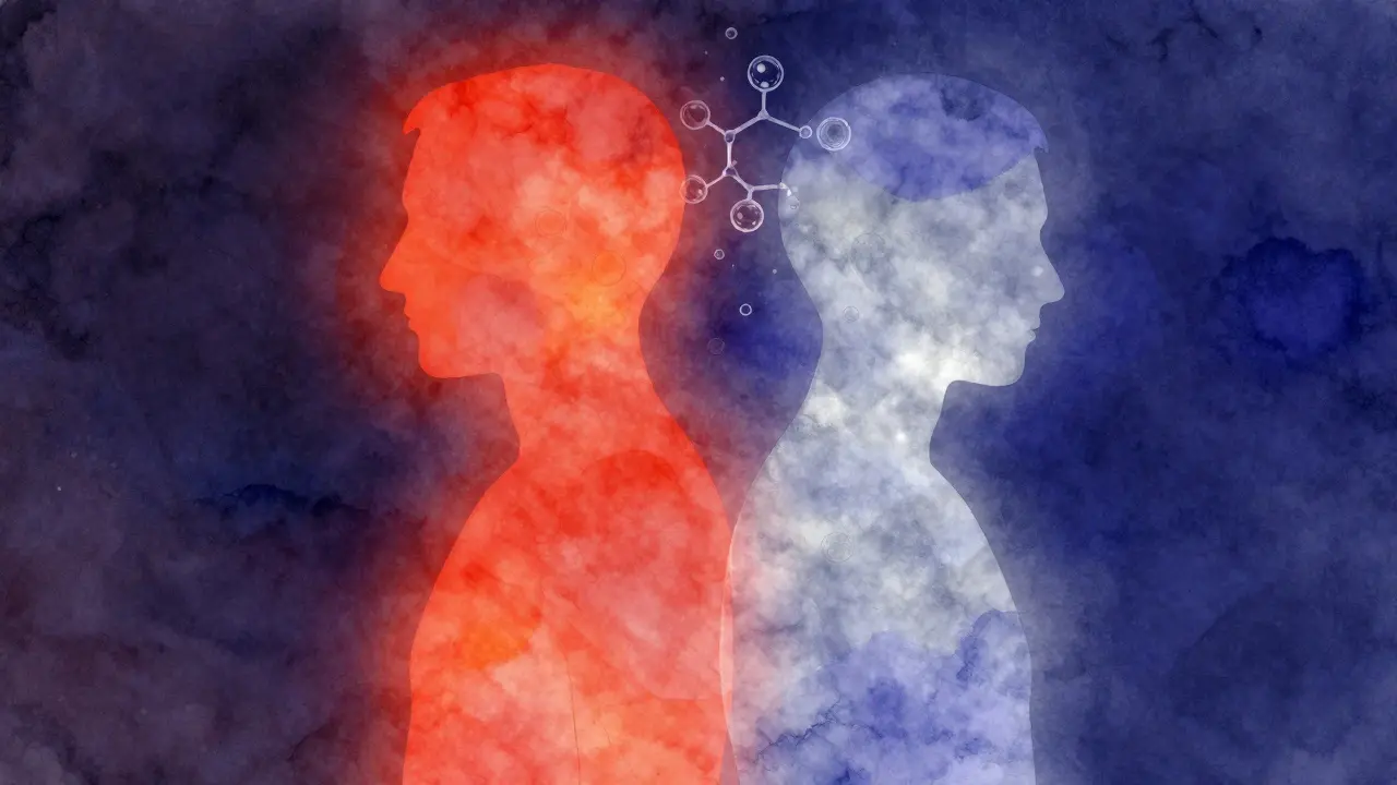 Abstraktní silueta člověka s jednou polovinou v teplých a druhou v chladných tónech, symbolizující bdění a spánek.