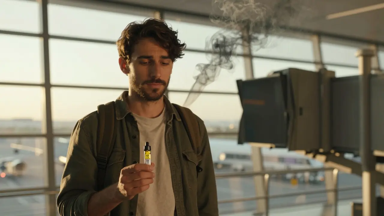 Cestující drží CBD vape s terpeny, zatímco stín dab penu se mění v kouř, teplé světlo z okna.