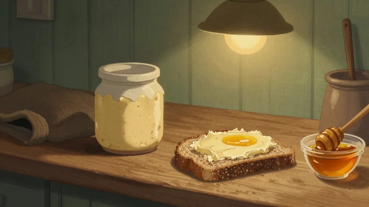 Domácí konopné máslo na chlebě s medem na dřevěné desce v kuchyni.