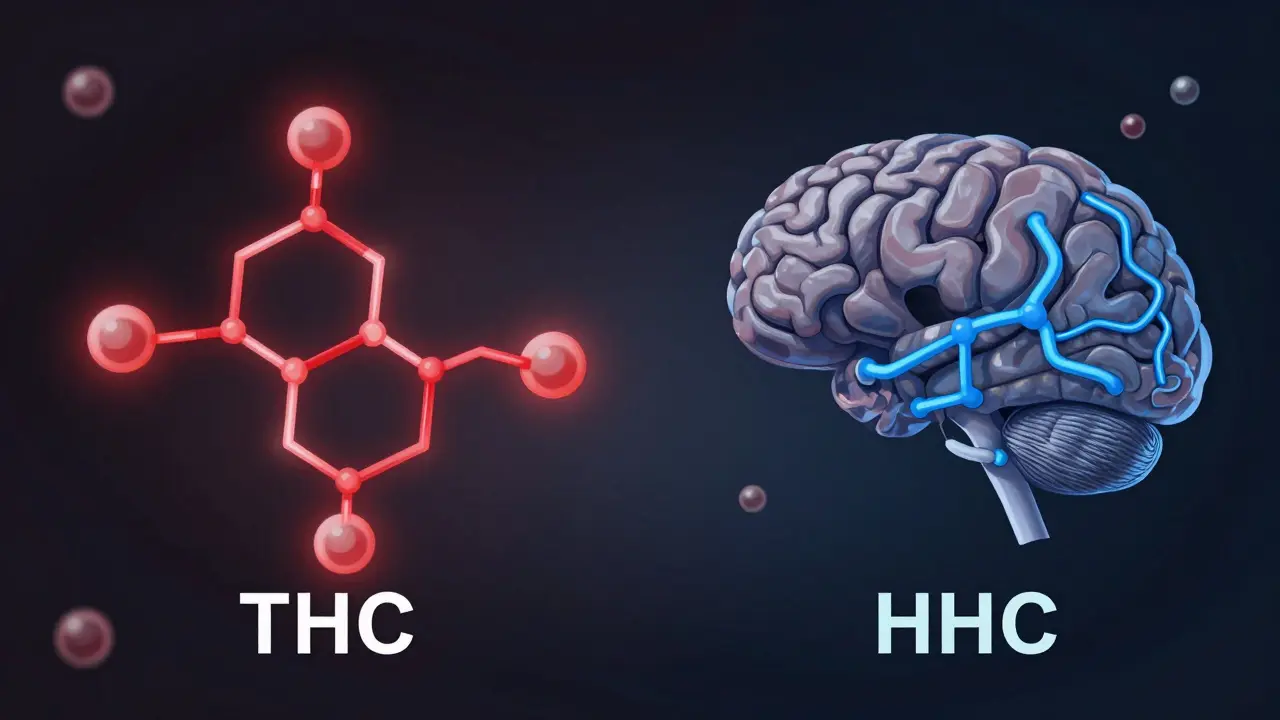 Dvě molekulární struktury THC a HHC s různými cestami působení v těle.