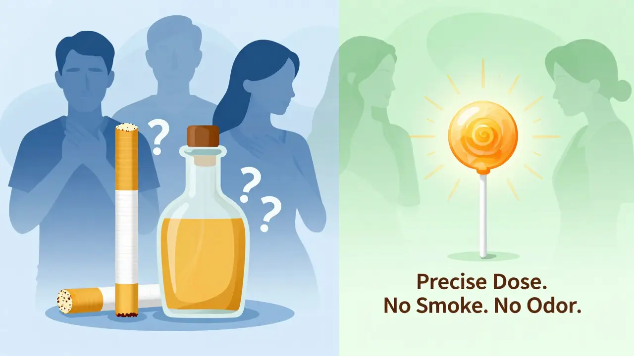 Dvě strany: klasické metody užívání konopí vs. lollipop – přesná dávka, bez kouře, bez vůně.