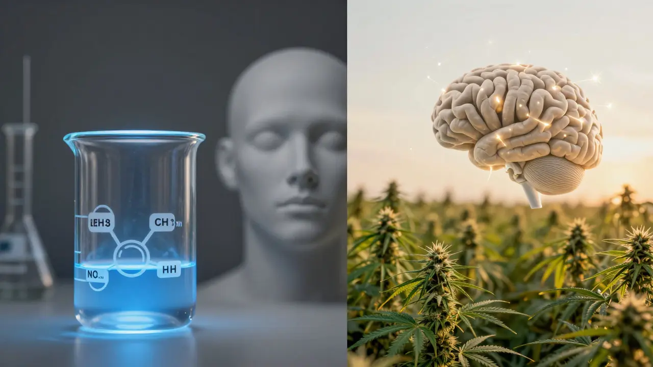 Dvě strany: laboratorní molekula delta 8 a přírodní konopí, obě s mozkem v pozadí.