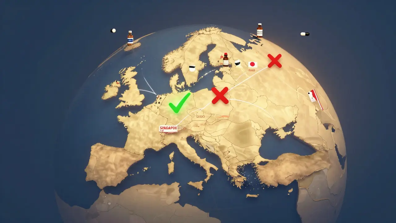 Globus s cestovními trasami, kde jsou bezpečné země označeny zeleně a zakázané červeně, s CBD produkty na cestách.